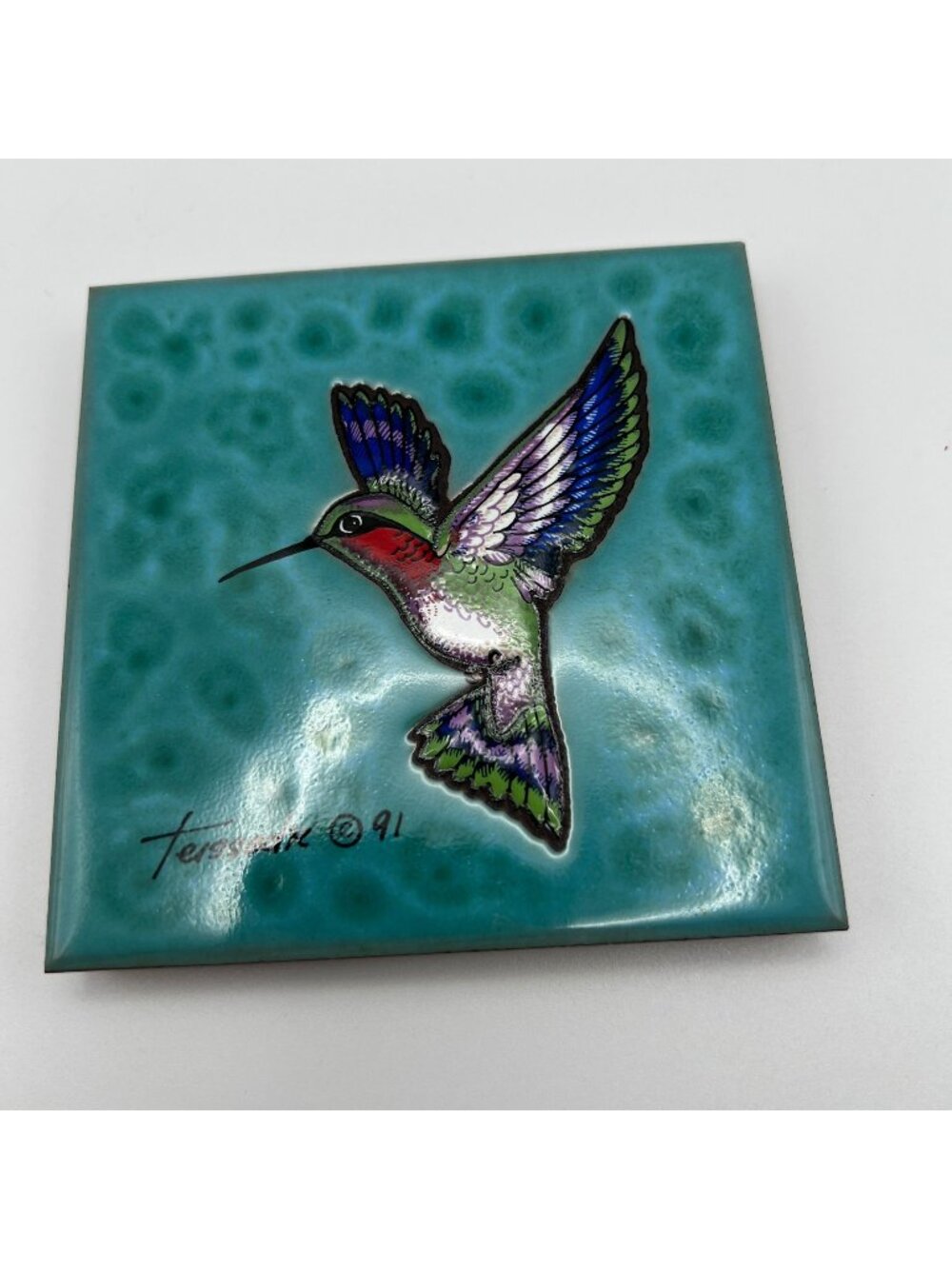 Cleo Teissedre Hummingbird Ceramic Tile Coaster/Trivet/Wall Art Signed 1991 Hand